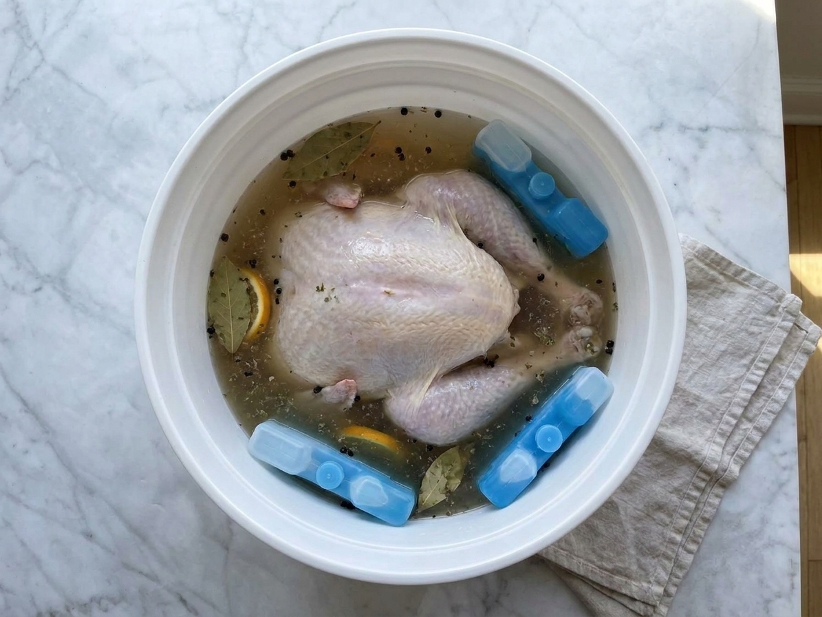 A raw turkey fully submerged in brine inside a food-safe bucket with ice packs around it