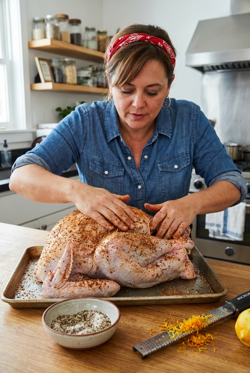 A raw turkey on a rimmed baking sheet being rubbed with a dry brine mixture next to a small bowl of spices and a microplane with citrus zest