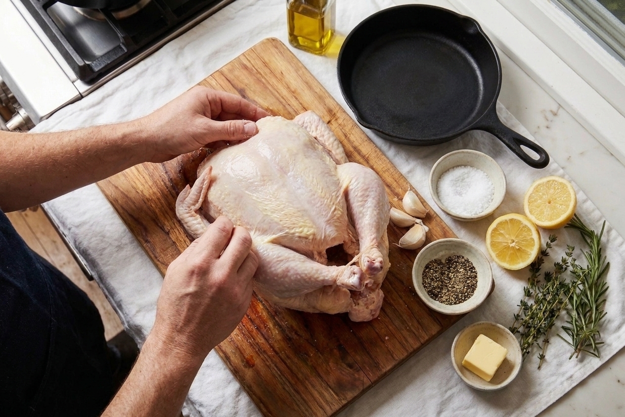 A raw whole chicken on a cutting board surrounded by kosher salt, black pepper, lemon, garlic, butter, olive oil, thyme, and a cast iron skillet on a clean kitchen counter