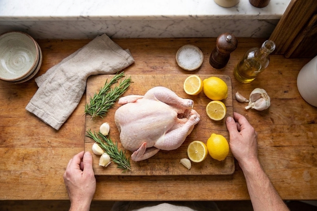 A raw whole chicken on a cutting board with lemon, garlic, rosemary, olive oil, salt, and pepper arranged nearby on a consistent home kitchen counter