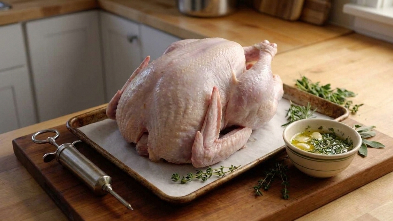 A raw whole turkey on a rimmed sheet pan with a meat injector nearby and a small bowl of melted butter and herbs on a bright kitchen counter