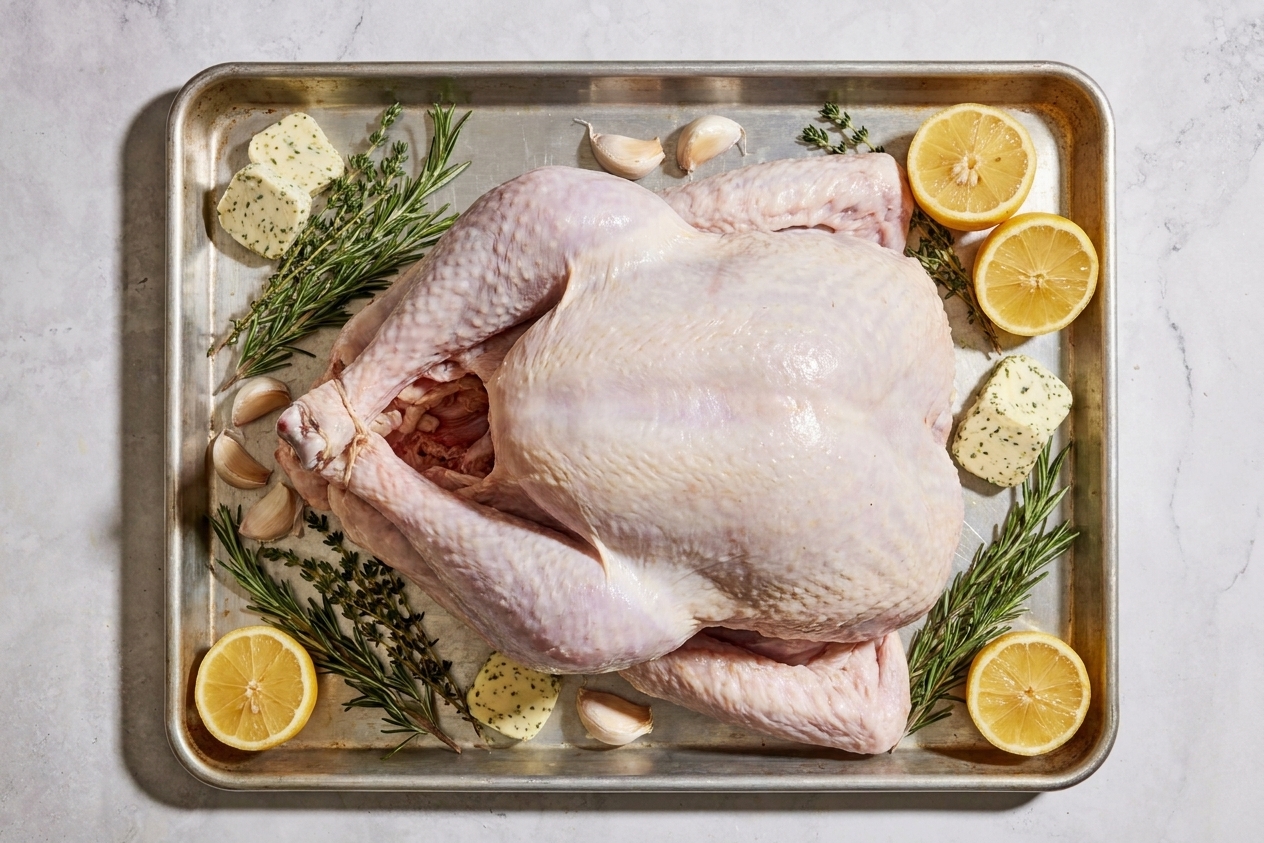 A raw whole turkey on a rimmed sheet pan with softened herb butter, lemon halves, garlic, and fresh herbs arranged nearby on a kitchen counter