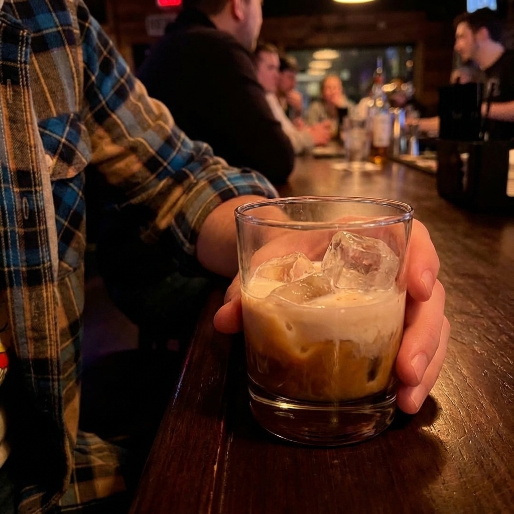 A real White Russian cocktail in a clear rocks glass with large ice cubes, coffee-brown base and cream floating on top, photographed on a dark bar surface with soft warm lighting