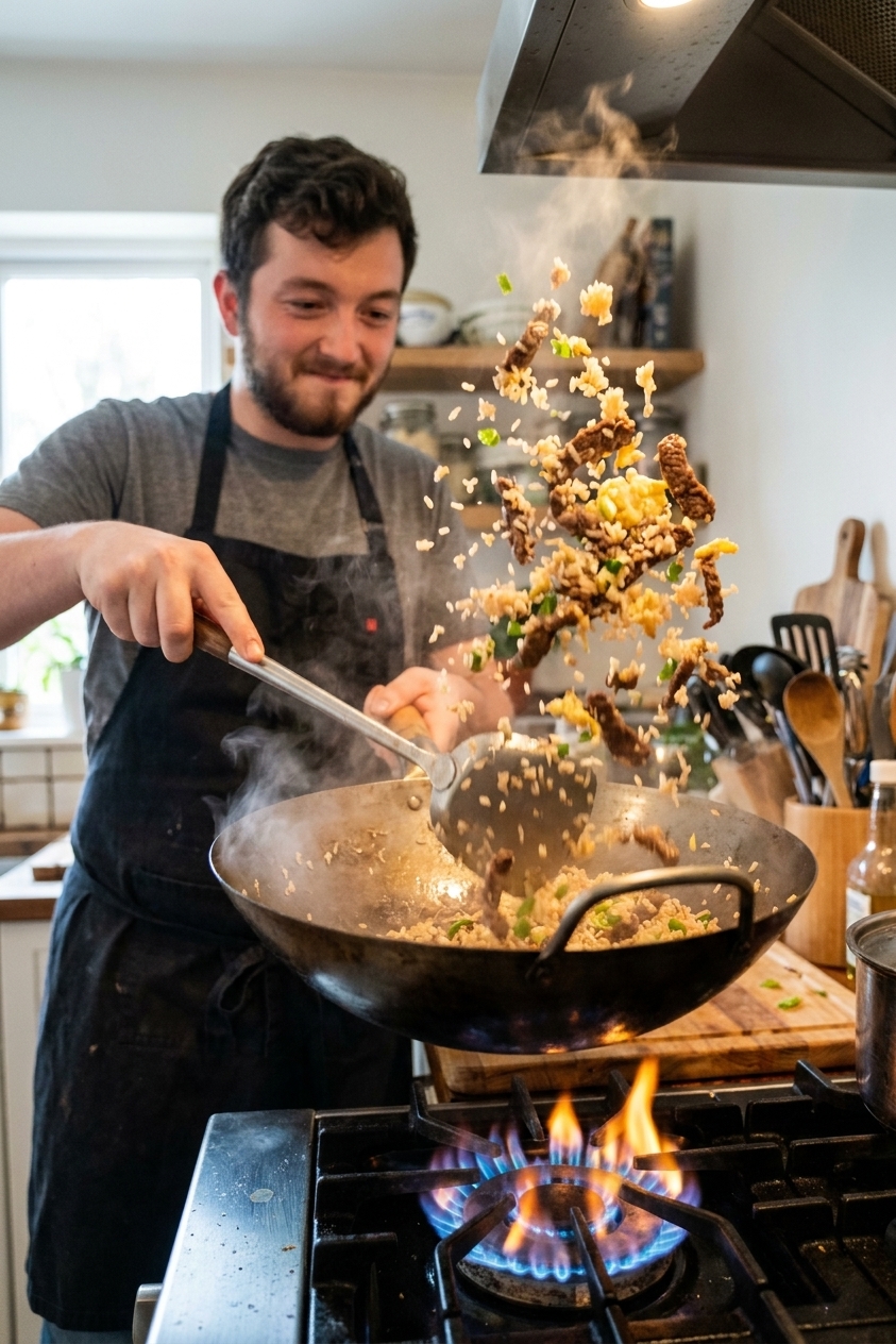 A real action photograph of beef fried rice being tossed in a hot wok on a stovetop with a spatula, showing separated rice grains and seared beef strips