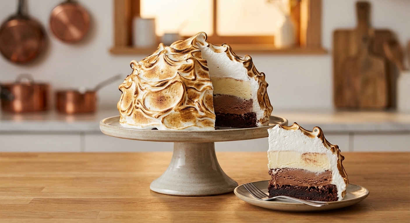 A real baked Alaska on a cake stand with tall swirls of Swiss meringue torched golden brown, one clean slice removed to show the ice cream and brownie base, warm kitchen lighting