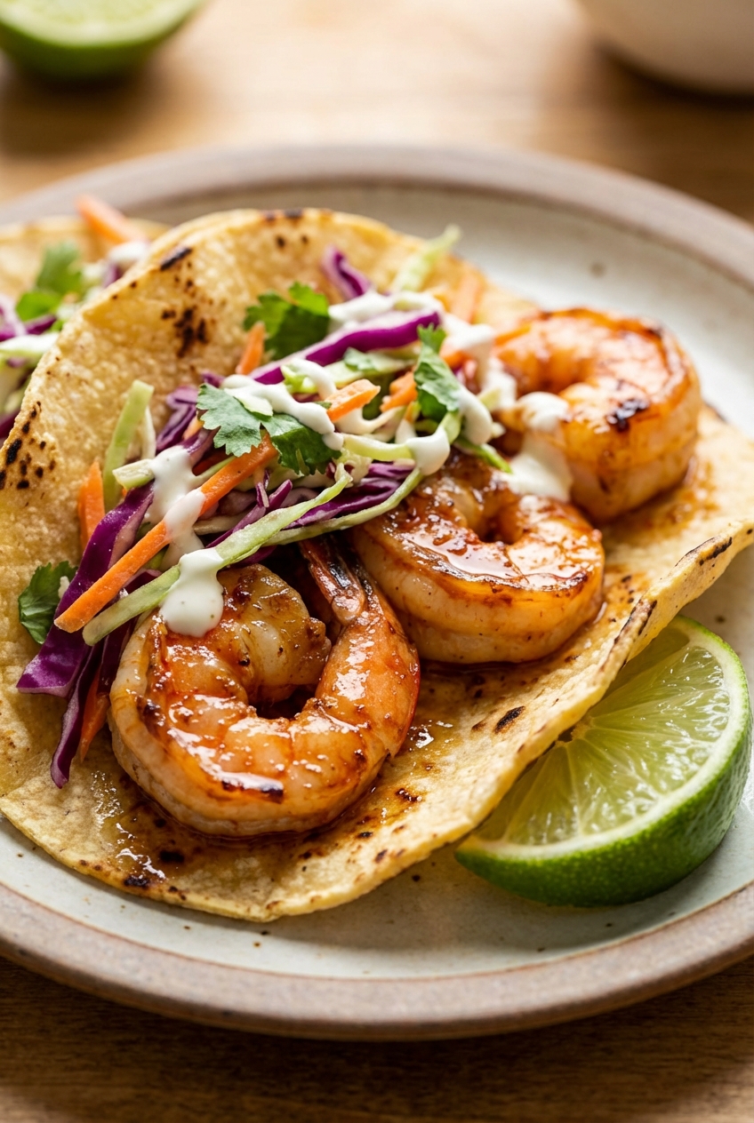 A real close-up photo of a single shrimp taco with glossy shrimp, crunchy slaw, and a lime wedge on the plate
