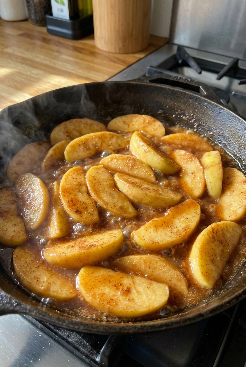 A real close-up photo of cinnamon apple slices simmering in a skillet with a glossy sauce