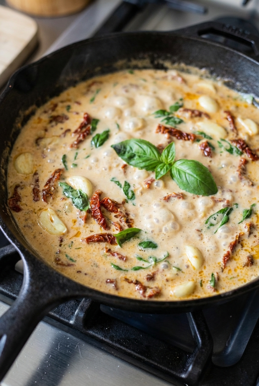 A real close-up photo of creamy coconut sauce bubbling in a skillet with garlic and sun-dried tomatoes
