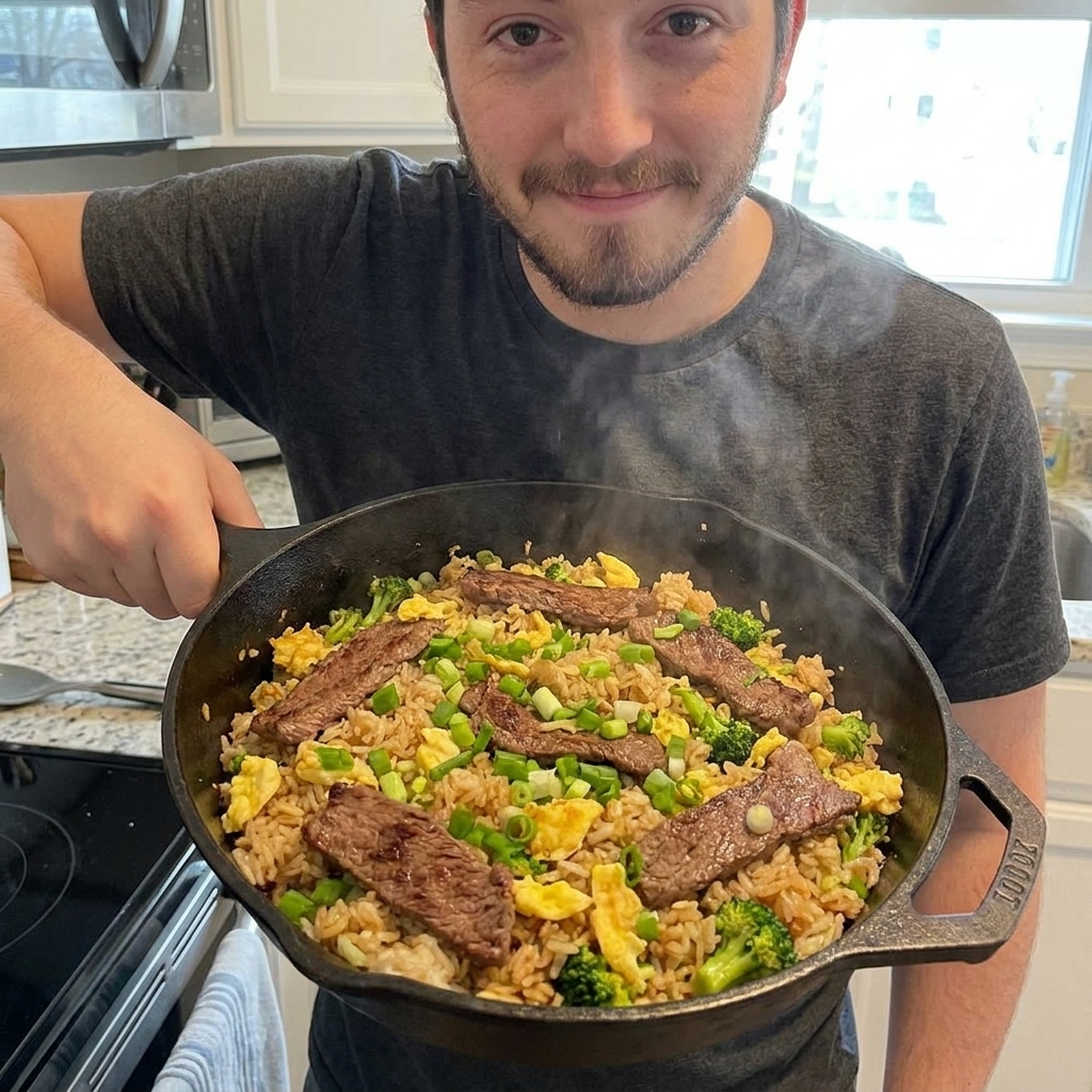 A real, close-up photograph of takeout-style beef fried rice in a dark skillet with thin slices of seared beef, fluffy rice, scrambled egg ribbons, bright scallions, and a few broccoli florets, steam rising