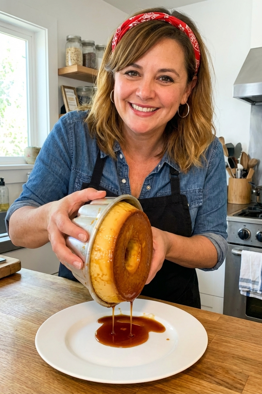 A real kitchen photo moment of a flan being unmolded onto a serving plate with caramel sauce spilling down the sides