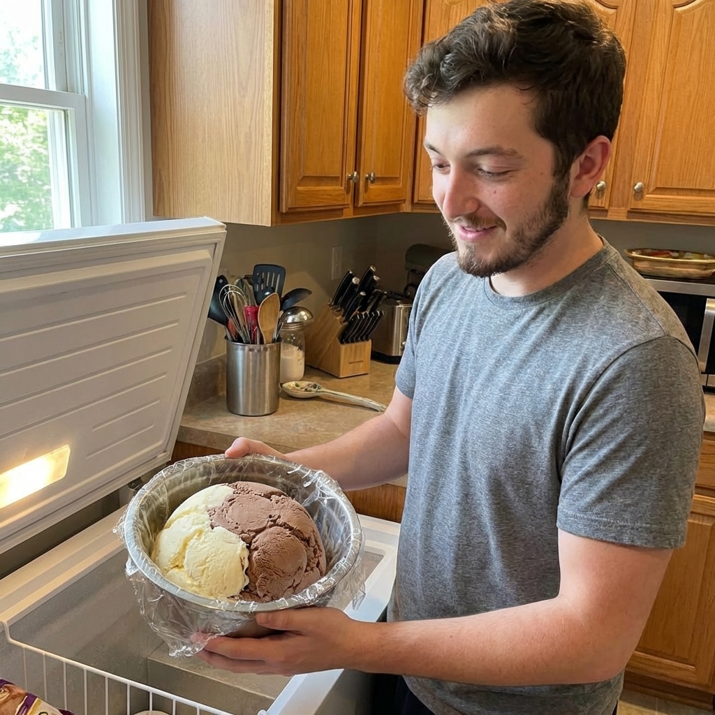 A real kitchen photo of a mixing bowl lined with plastic wrap and packed with ice cream to form a dome, sitting on a counter before going into the freezer