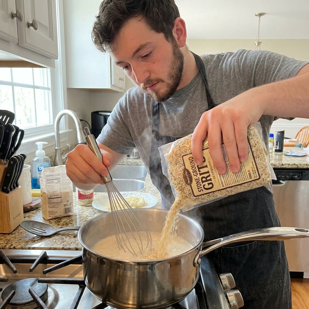 A real kitchen photo of a saucepan on a stovetop as someone whisks stone-ground grits into simmering milk and water to prevent lumps