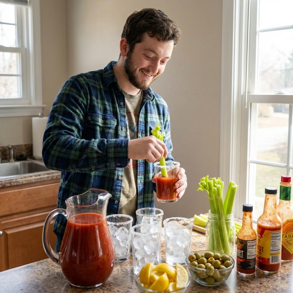 A real-life brunch Bloody Mary bar setup with a pitcher of deep red Bloody Mary mix, ice-filled glasses with salted rims, celery stalks, lemon wedges, olives, and hot sauce bottles on a kitchen counter in natural light