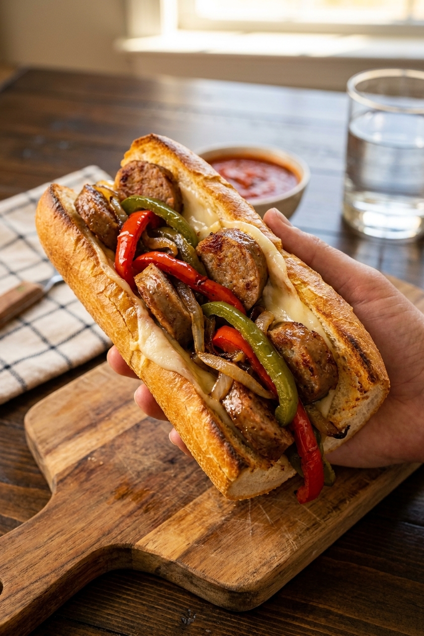A real-life close-up photo of a toasted torpedo roll filled with sliced Italian sausage, roasted peppers and onions, and melted provolone cheese