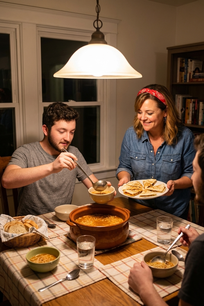 A real-life family dinner table with a pot of sopa de fideo, small bowls, and a plate of quesadilla wedges ready to serve, warm indoor lighting