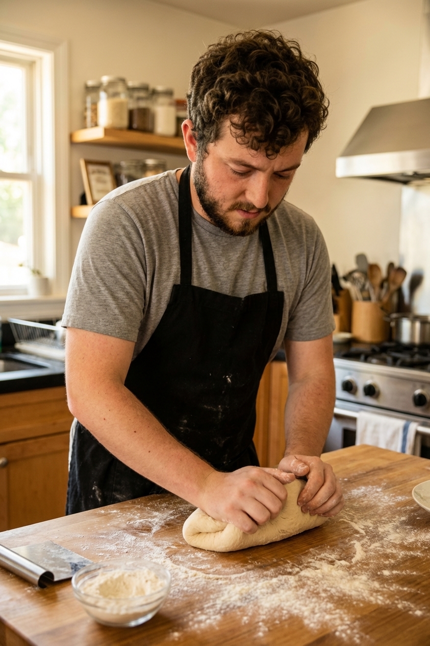 A real-life kitchen photo of sourdough discard pasta dough being kneaded on a lightly floured wooden countertop with hands pressing and folding the dough