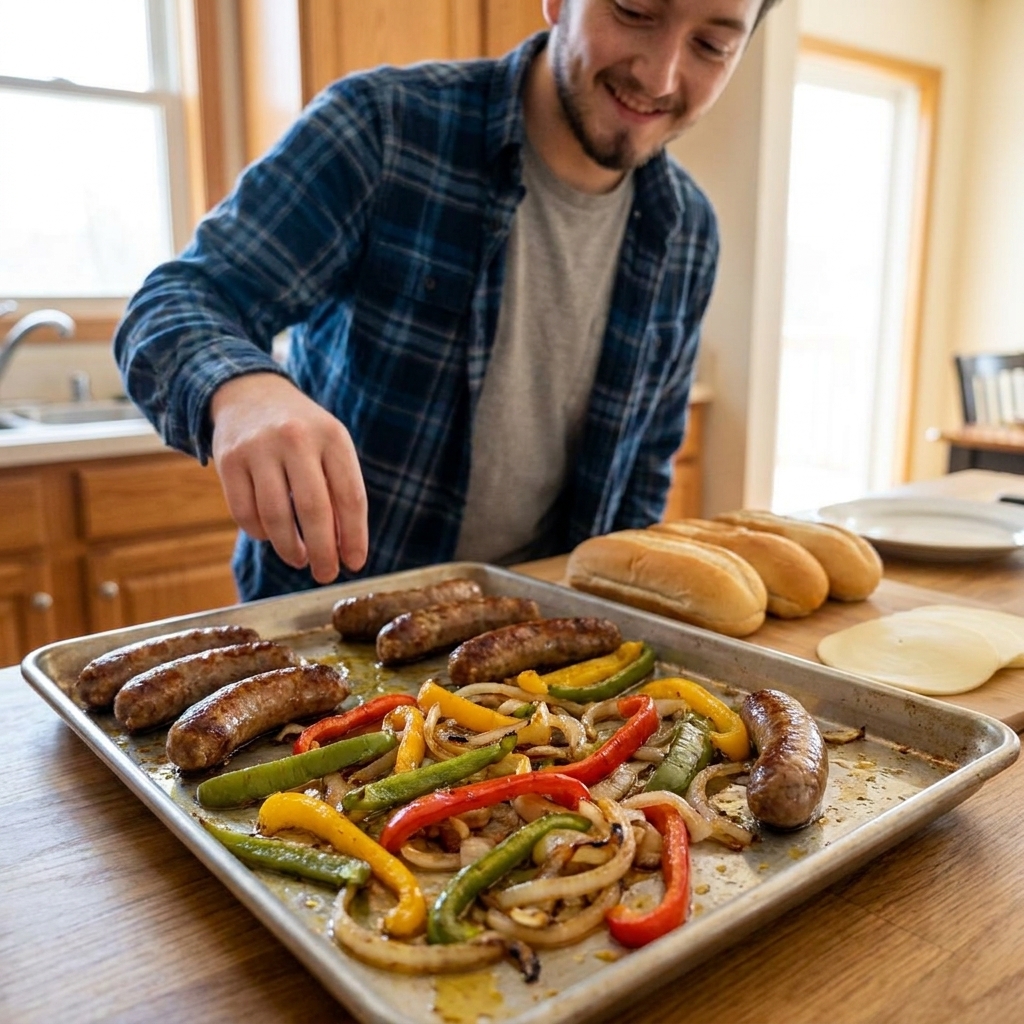 A real-life photo of a sheet pan filled with roasted Italian sausage links, charred tricolor bell peppers, and caramelized onion slices, with torpedo rolls and provolone nearby on a home kitchen counter