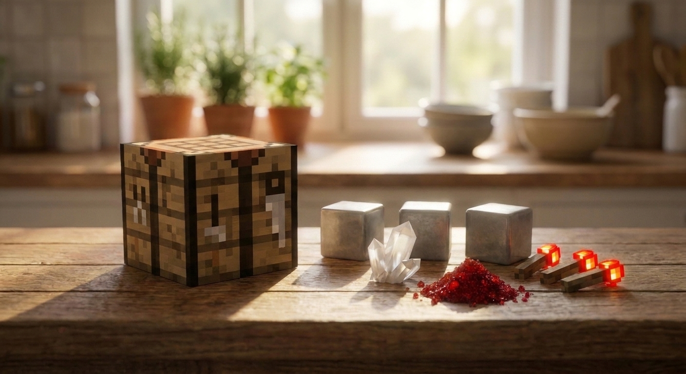 A real-life styled photo of a Minecraft-inspired crafting table prop on a kitchen counter with comparator ingredients laid nearby, ready to be assembled