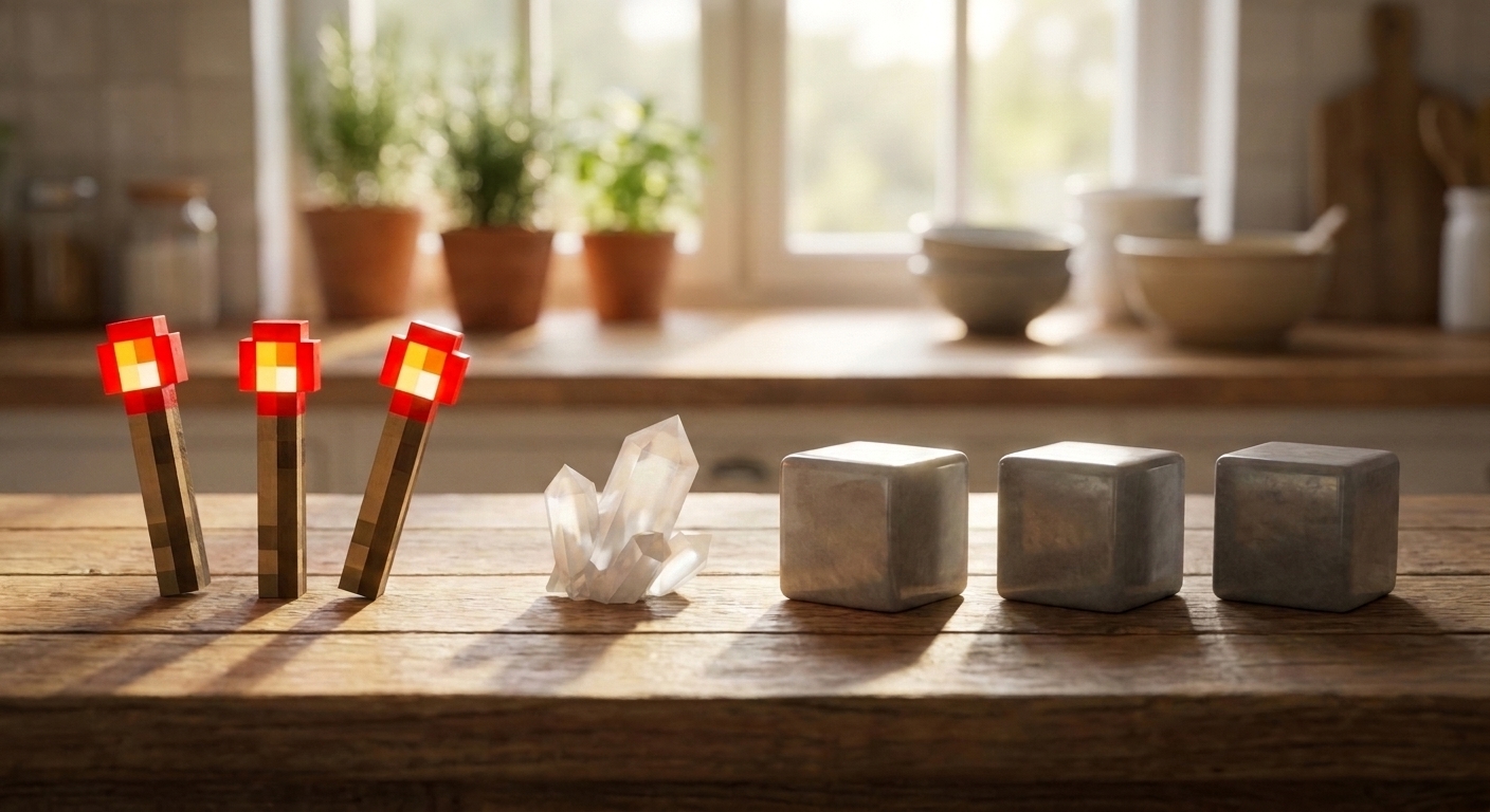 A real-life styled tabletop photo setup showing Minecraft-inspired crafting props: three redstone torches, one nether quartz, three smooth stone blocks, arranged neatly on a warm kitchen counter with soft window light