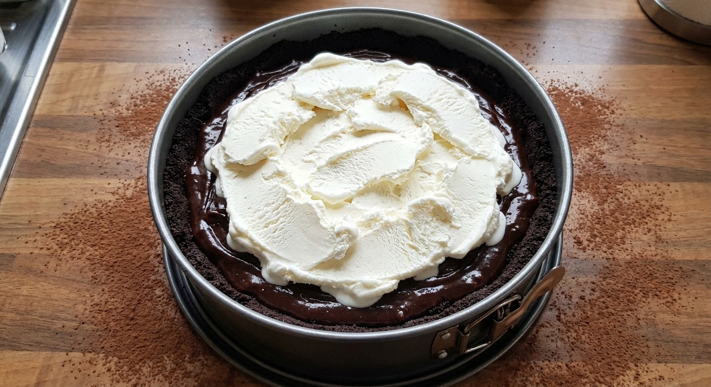 A real overhead photograph of a Mississippi mud pie in a springform pan showing distinct layers of cookie crust, dark chocolate base, and vanilla ice cream before adding whipped cream