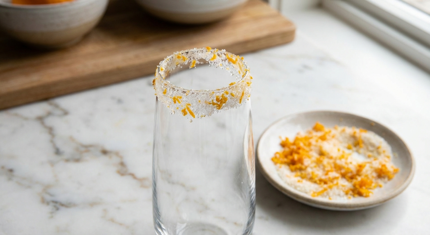 A real photo close-up of a champagne flute rim coated with orange zest and sugar, with a small plate of zest and sugar on a marble countertop
