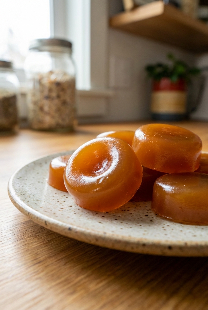 A real photo close-up of a few glossy amber fire cider gummies on a plate showing their soft, chewy texture