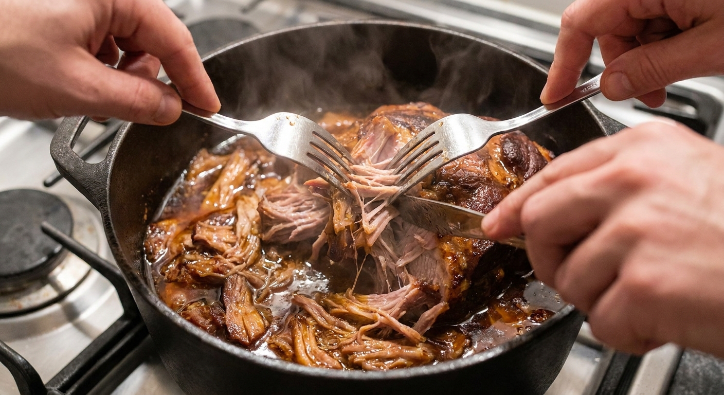 A real photo close-up of hands shredding tender pork with two forks in a pot, visible juices and strands pulling apart easily