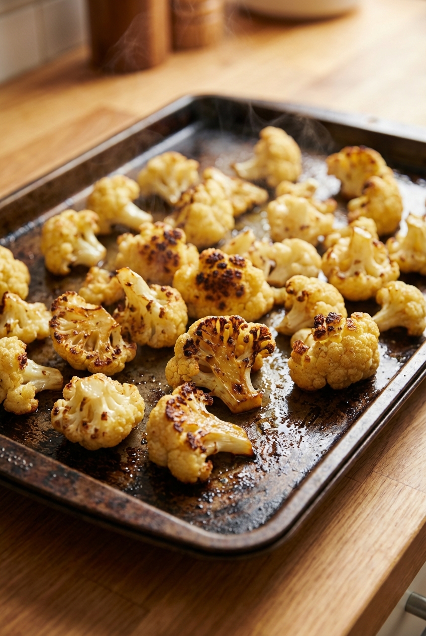 A real photo close-up of roasted cauliflower florets with browned edges on a sheet pan