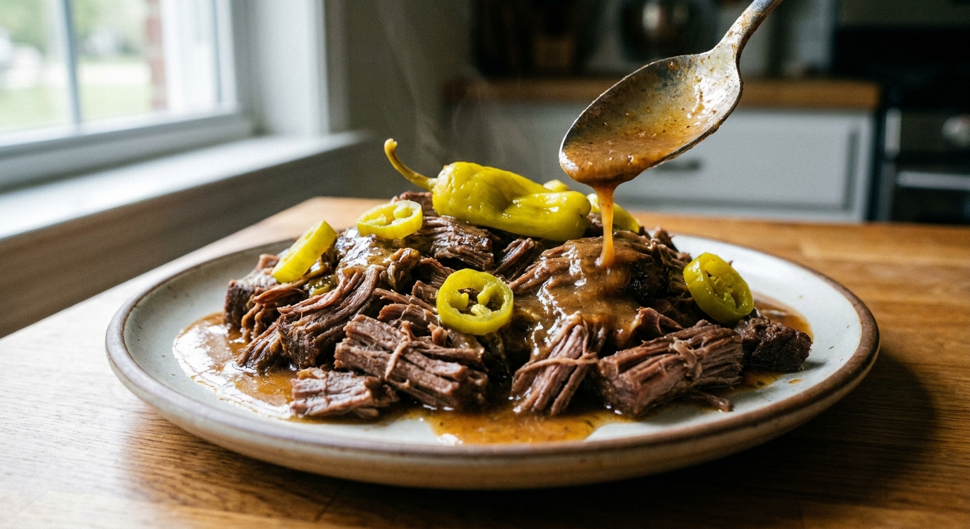 A real photo close-up of shredded Mississippi pot roast beef on a plate with pepperoncini peppers and spooned gravy, natural window light