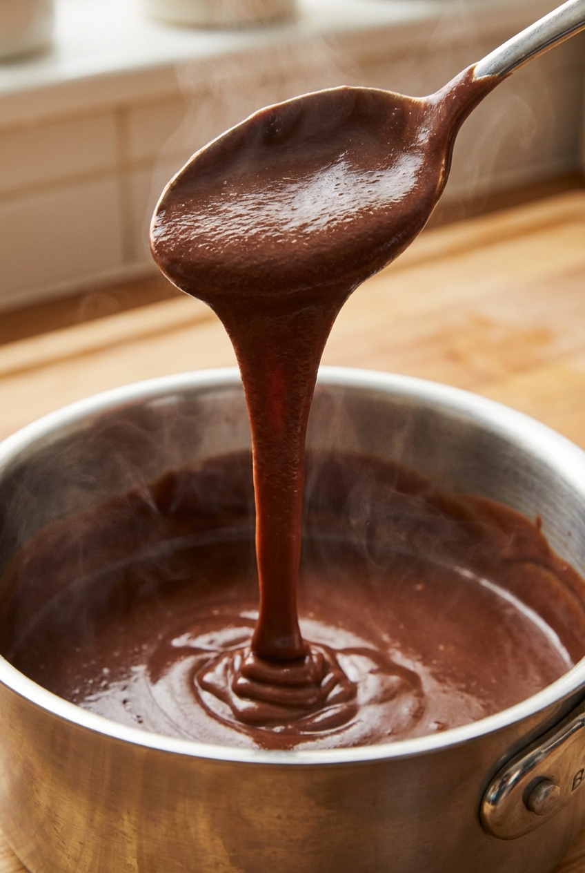 A real photo close-up of thick chocolate gravy pouring in a ribbon from a spoon back into a saucepan
