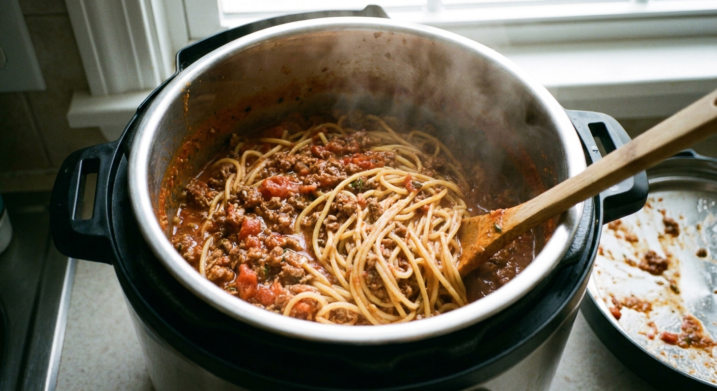 A real photo of Instant Pot spaghetti inside the pot after cooking, with a thick red meat sauce coating the noodles and steam rising