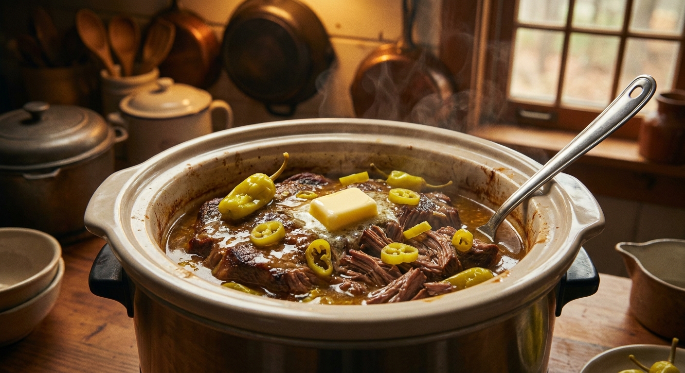 A real photo of Mississippi pot roast in a slow cooker, shredded and glossy with buttery gravy, pepperoncini peppers on top, warm kitchen lighting