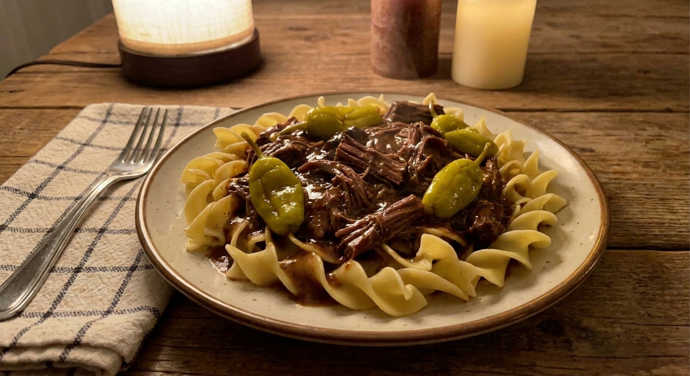 A real photo of Mississippi pot roast served over egg noodles with pepperoncini peppers and glossy gravy, cozy dinner lighting