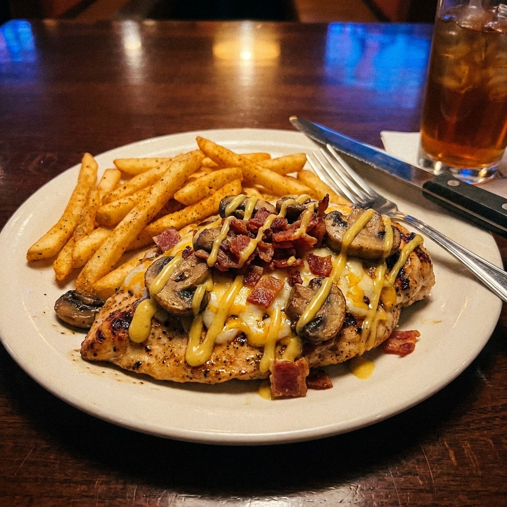 A real photo of Outback-style Alice Springs chicken on a plate, topped with sautéed mushrooms, crisp bacon, and melted cheese with honey mustard drizzled over, warm steakhouse lighting