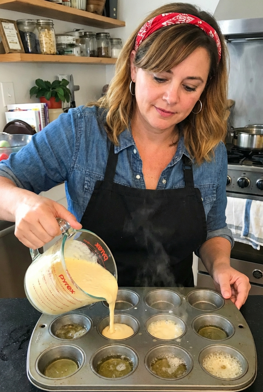 A real photo of Yorkshire pudding batter being poured from a measuring cup into a hot muffin tin with shimmering oil