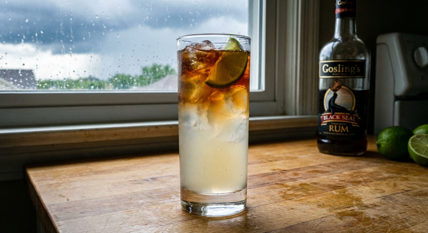 A real photo of a Dark and Stormy cocktail in a tall glass with ice, fresh lime wedge, and a dark rum float over ginger beer on a kitchen counter