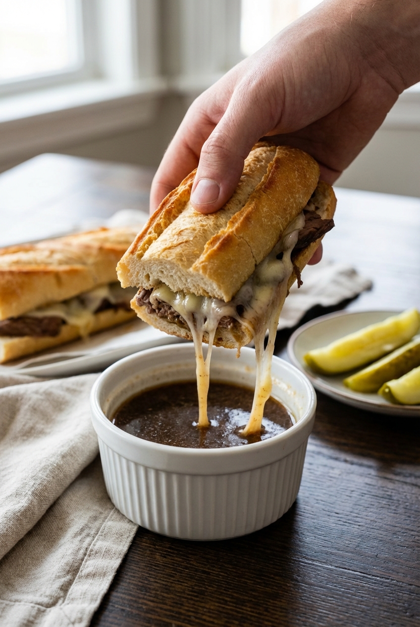 A real photo of a French dip sandwich being dipped into a small bowl of au jus with melted cheese stretching