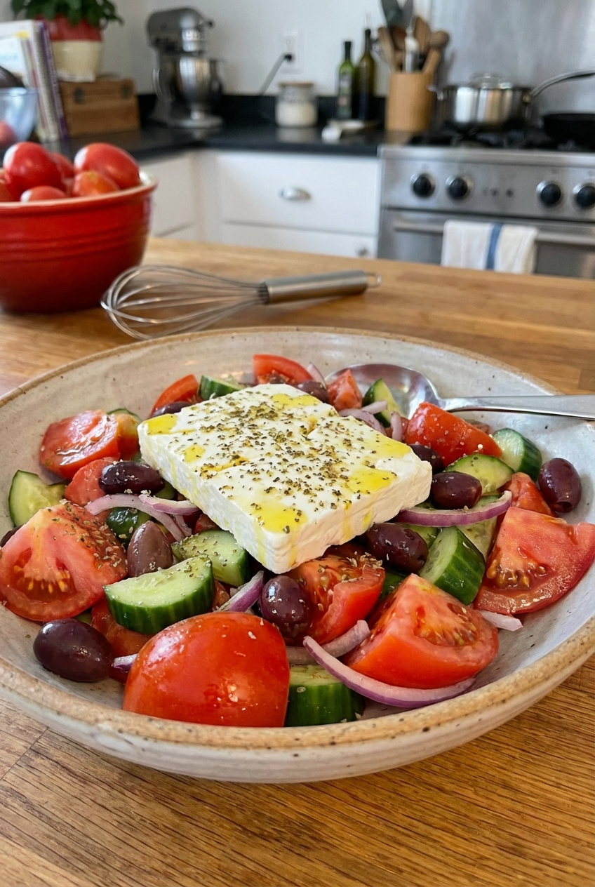 A real photo of a Greek salad with cucumber, tomato, olives, and feta in a serving bowl
