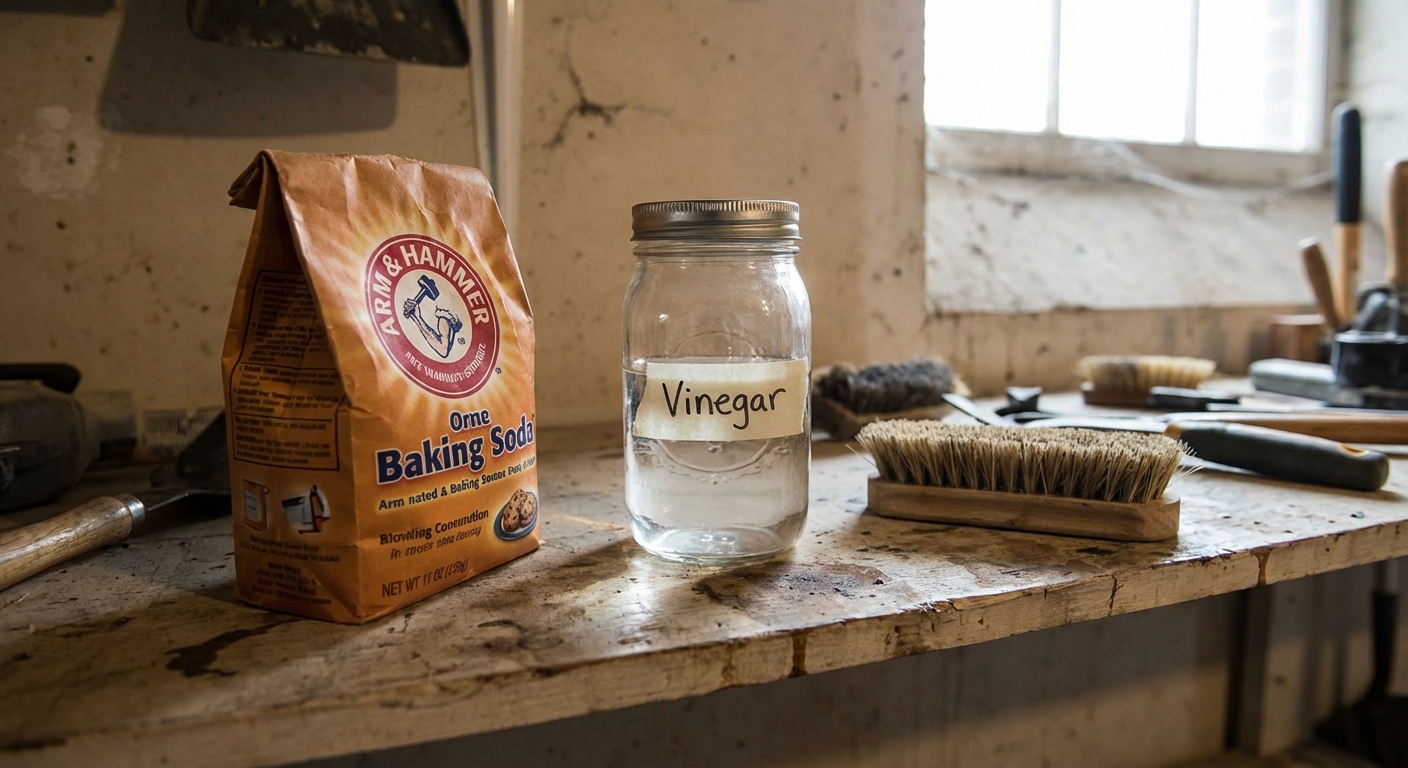 A real photo of a bag of baking soda, a jar of vinegar, and a scrub brush on a utility shelf