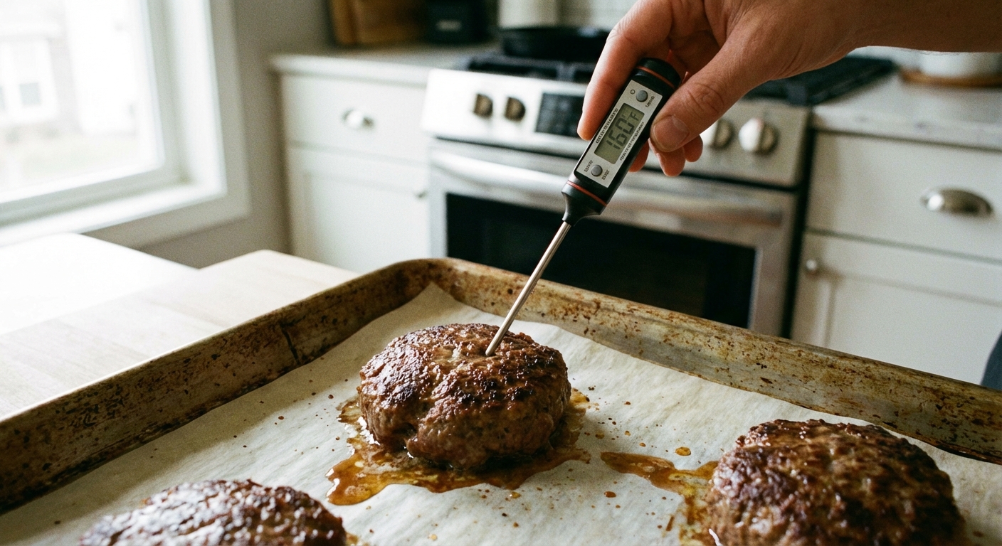 A real photo of a baked burger patty being checked with an instant-read thermometer on a sheet pan
