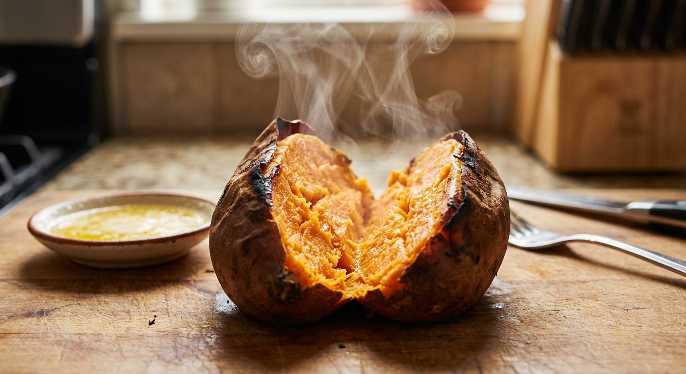 A real photo of a baked camote split open with steam rising, showing fluffy orange flesh and caramelized edges
