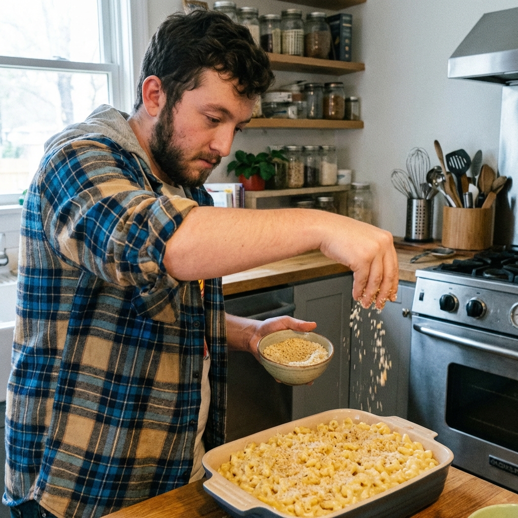 A real photo of a baking dish of mac and cheese being sprinkled with buttery panko breadcrumbs before going into the oven