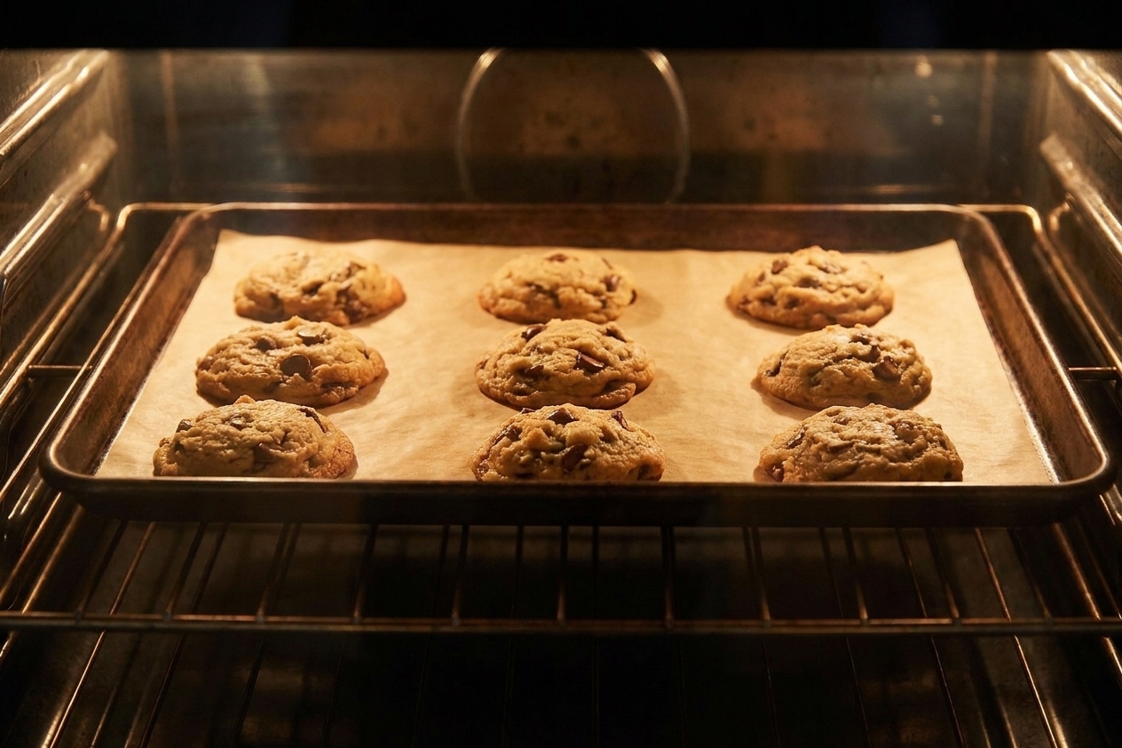 A real photo of a baking sheet of chocolate chip cookies baking in an oven with warm light