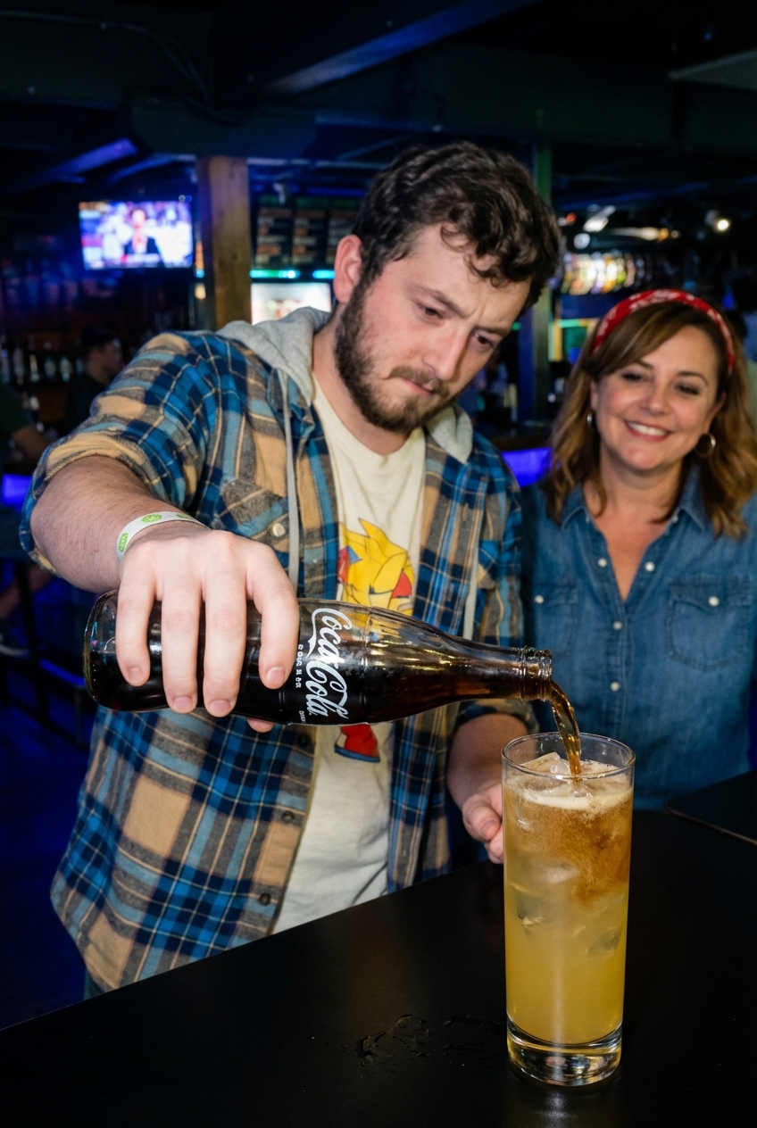 A real photo of a bartender-style pour of cola into a freshly mixed Long Island Iced Tea in a tall glass with ice