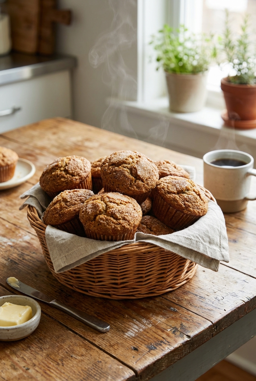 A real photo of a basket of warm spiced bran muffins with lightly browned tops on a wooden kitchen table in soft morning light