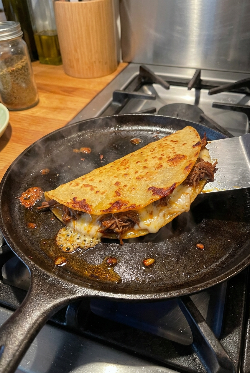 A real photo of a birria taco cooking on a cast iron skillet with crisp edges forming and melted cheese peeking out