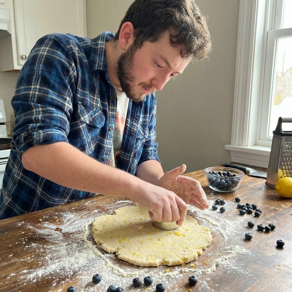 A real photo of a biscuit cutter pressing into lemon zest biscuit dough on a floured countertop with scattered blueberries nearby