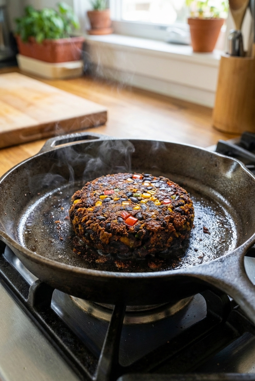 A real photo of a black bean burger patty sizzling in a cast iron skillet with browned edges