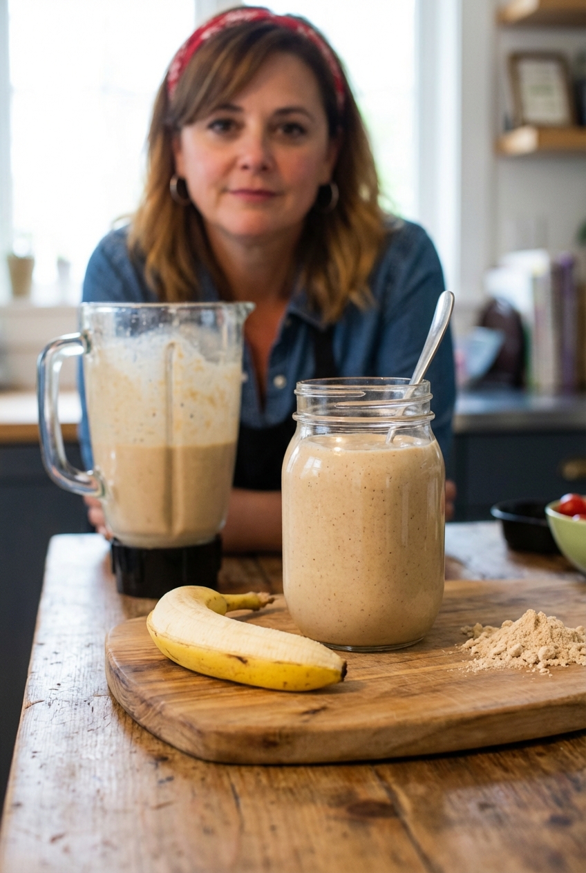 A real photo of a blender jar filled with a thick light-brown protein smoothie on a kitchen counter with a spoon and banana nearby