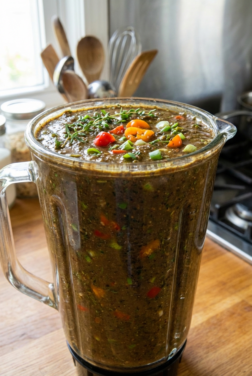 A real photo of a blender jar filled with thick jerk marinade with visible flecks of thyme, scallion, and habanero